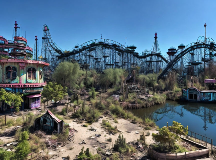 Decaying amusement park with rusty rides and overgrown vegetation