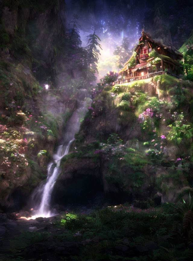 Mystical cottage on hill with waterfall, vibrant flora, shimmering light, floating orbs