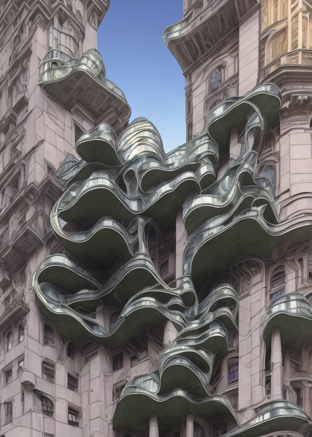 Surreal metallic balconies blend with classic buildings under clear sky