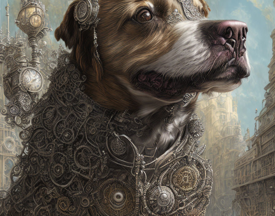 Steampunk-themed dog with mechanical parts in front of cityscape