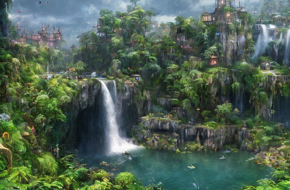 Lush Green Landscape with Waterfalls & Whimsical Buildings