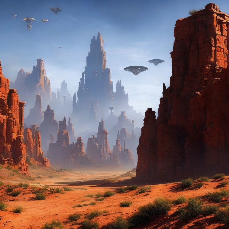 Futuristic sci-fi landscape with red rock formations and floating vehicles