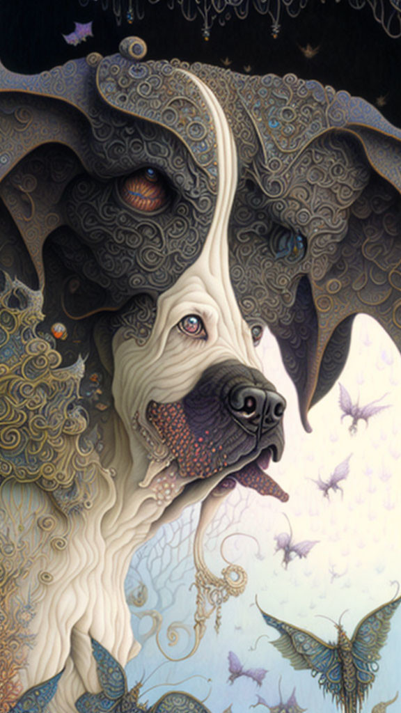 Surreal Artwork: Dog with Elaborate Coat and Cosmic Eyes in Dreamy Landscape