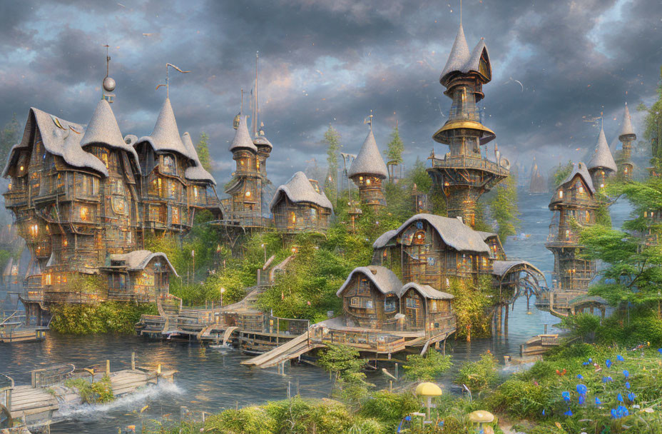 Whimsical multi-story wooden houses in a fantasy village surrounded by lush greenery and blue flowers under