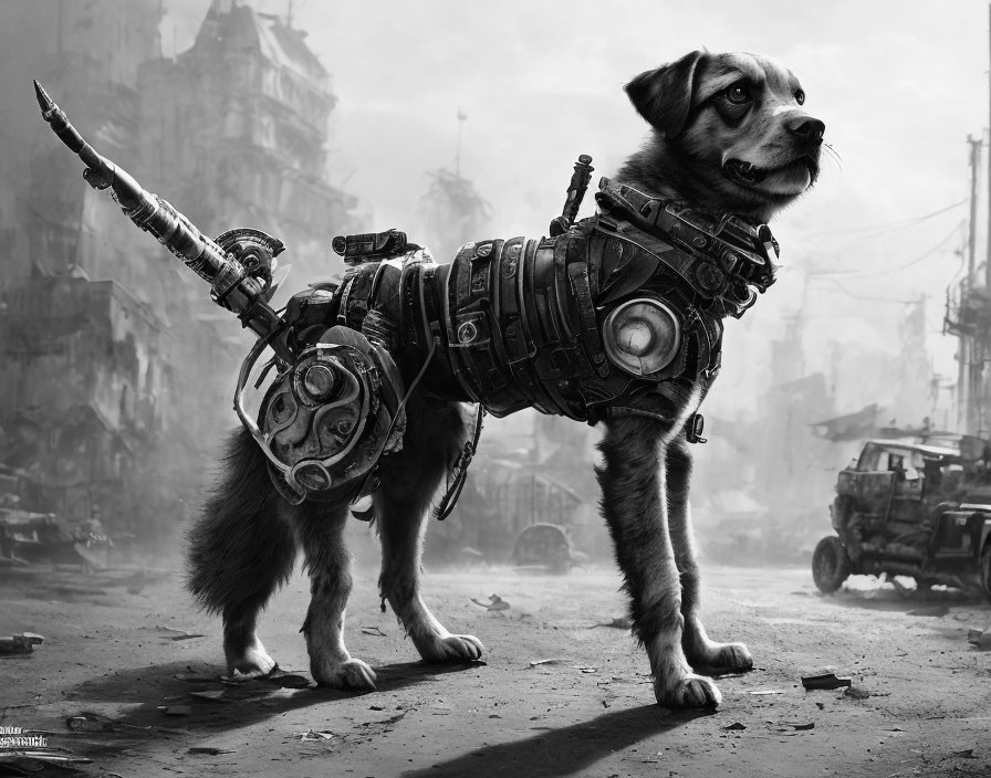 Mechanical-harnessed dog in dystopian urban scene