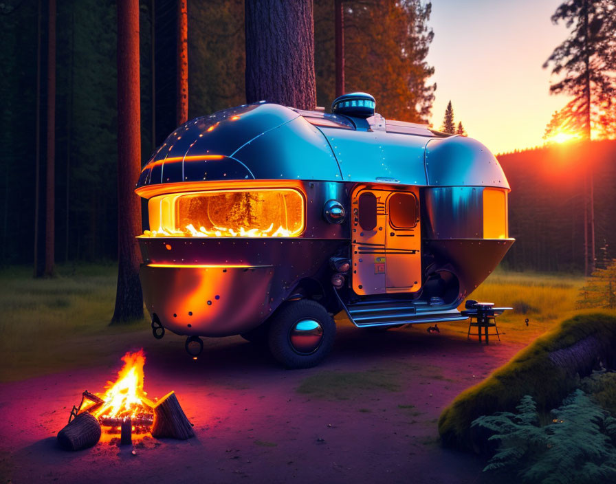 Retro-futuristic trailer in forest at sunset with glowing interior & campfire