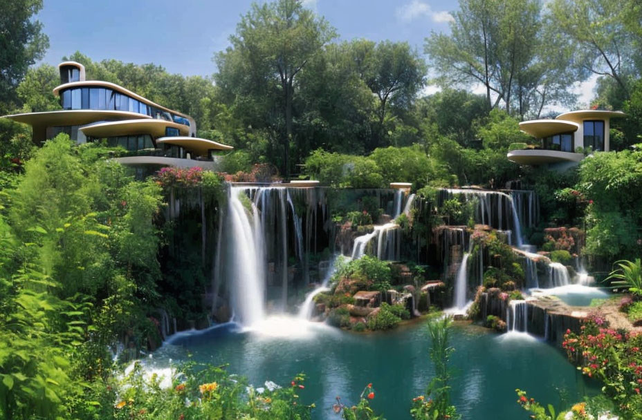 Futuristic multi-level buildings with curved roofs over lush waterfall and pond surrounded by green trees and vibrant