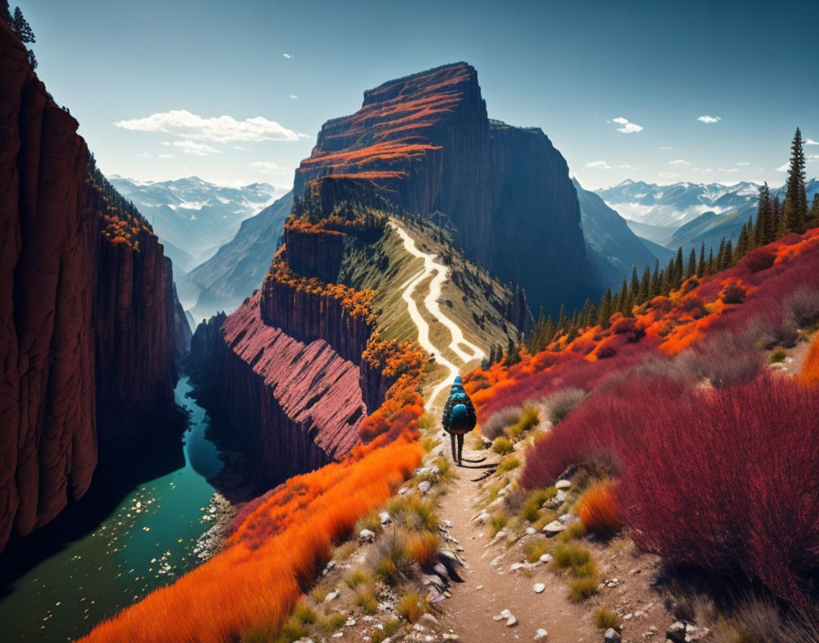 Hiker in vibrant autumn forest with mountain view