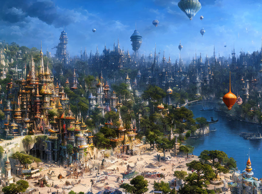 Futuristic cityscape with towers, airships, and greenery in clear sky