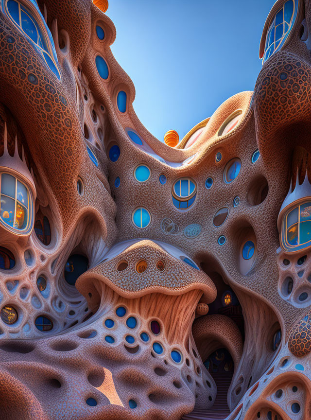 Fantasy coral-like architecture under vibrant blue sky