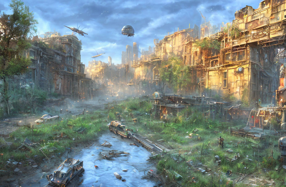 Derelict post-apocalyptic cityscape with overgrown vegetation and futuristic aircraft.