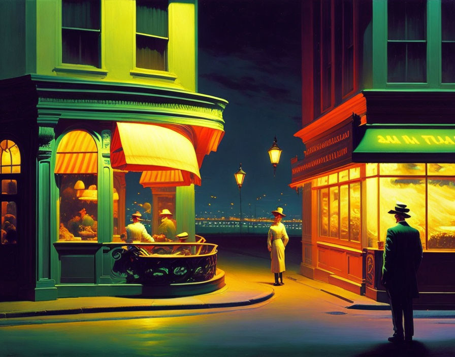 Night scene on vibrant street corner with retro charm