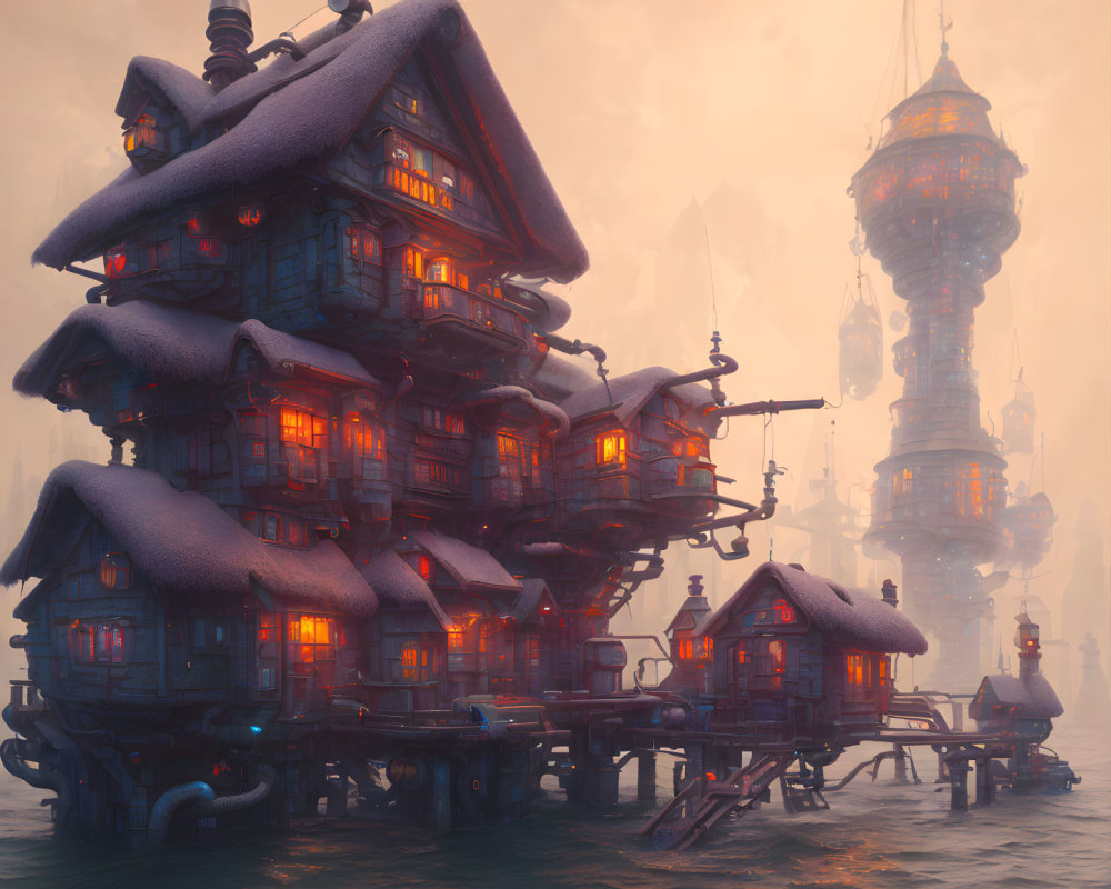 Fantastical multi-level building near waterway with glowing windows and towering lighthouse in misty background