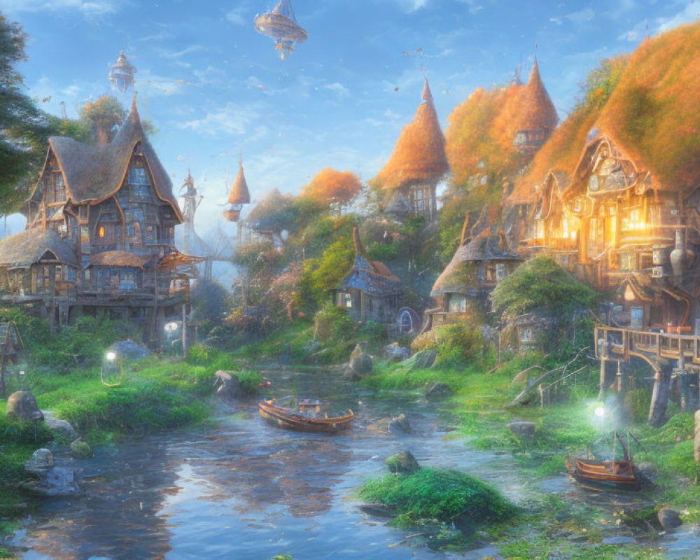 Whimsical Thatched Houses & Glowing Orbs in Enchanted Village