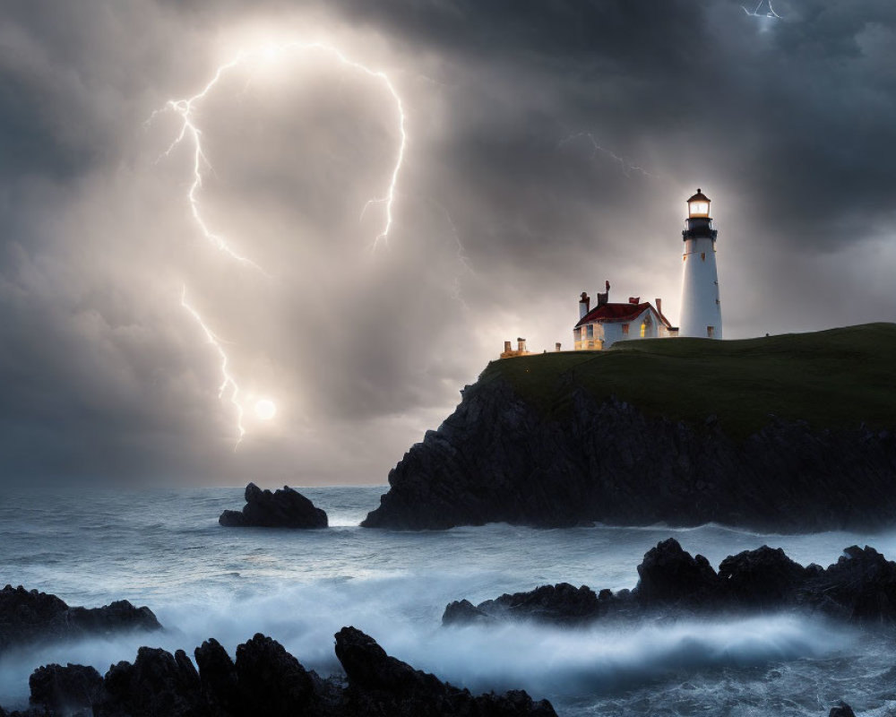 Dramatic coastal scene with lighthouse, stormy sky, lightning, and turbulent sea waves