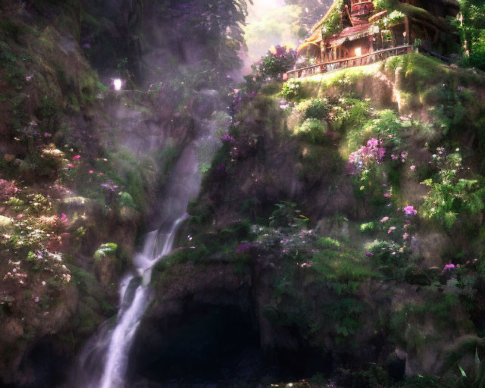 Mystical cottage on hill with waterfall, vibrant flora, shimmering light, floating orbs