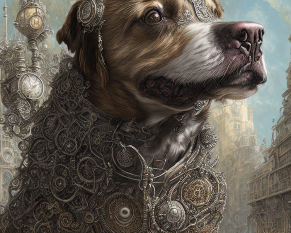 Steampunk-themed dog with mechanical parts in front of cityscape