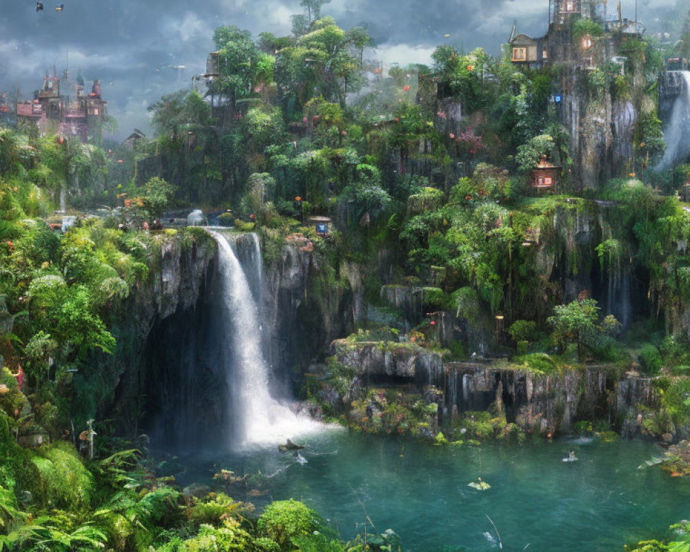 Lush Green Landscape with Waterfalls & Whimsical Buildings