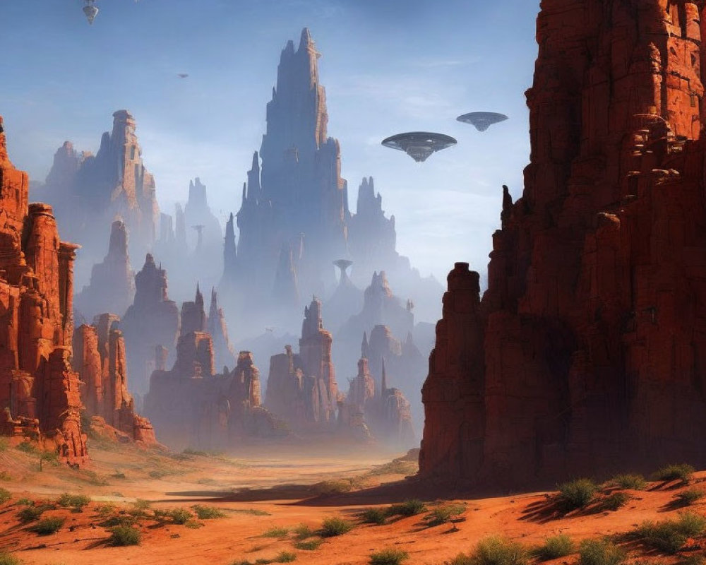 Futuristic sci-fi landscape with red rock formations and floating vehicles