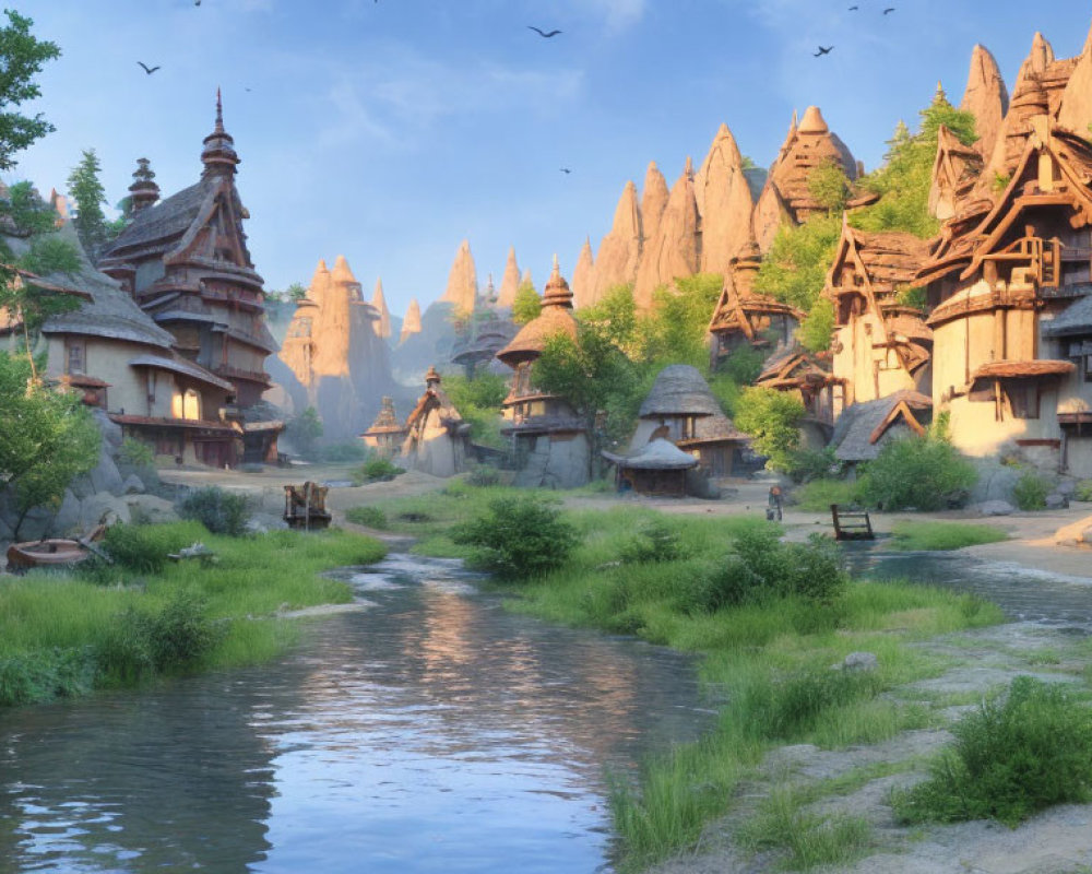 Tranquil fantasy village with thatched-roof houses by a meandering river