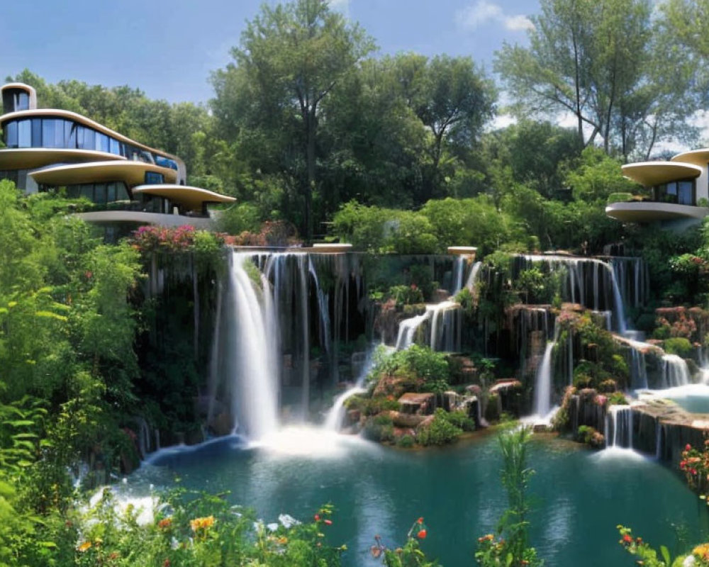 Futuristic multi-level buildings with curved roofs over lush waterfall and pond surrounded by green trees and vibrant