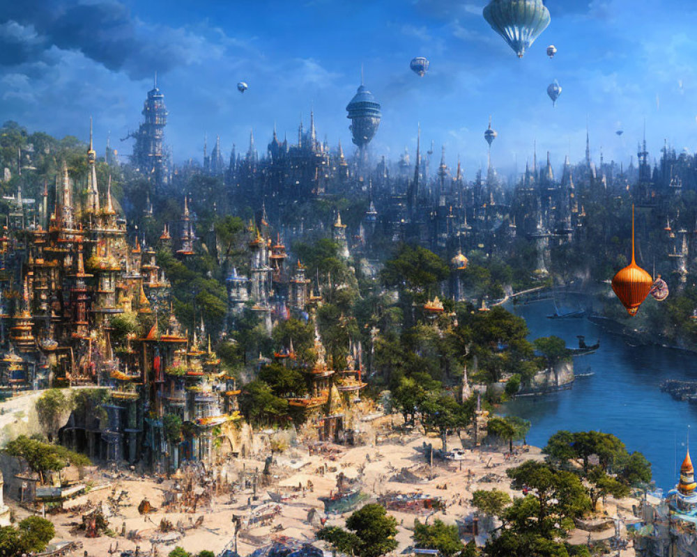 Futuristic cityscape with towers, airships, and greenery in clear sky