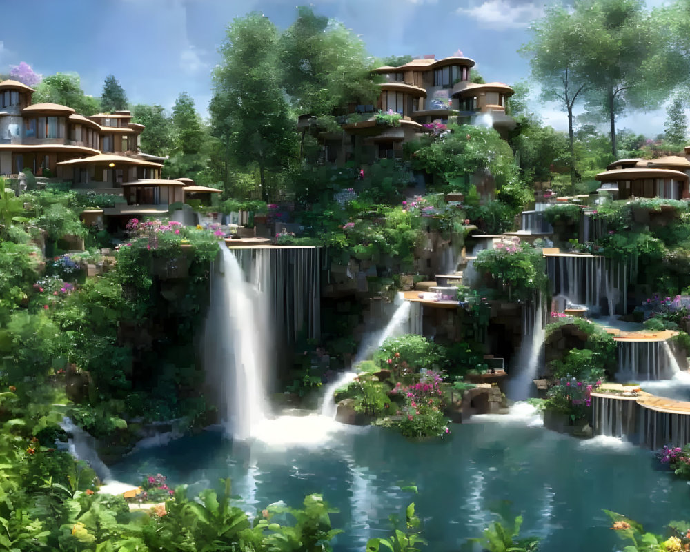 Tranquil waterfalls and fantasy houses in lush greenery