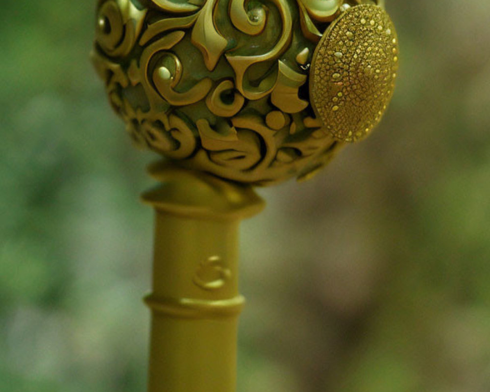 Golden ornate scepter with swirling patterns and textured orb on blurred green background