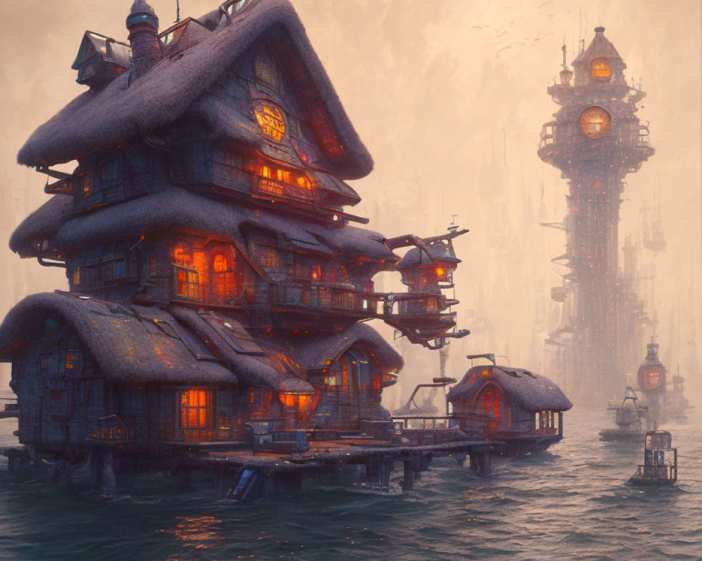 Fantasy-style multi-storied house on water at dusk with glowing windows