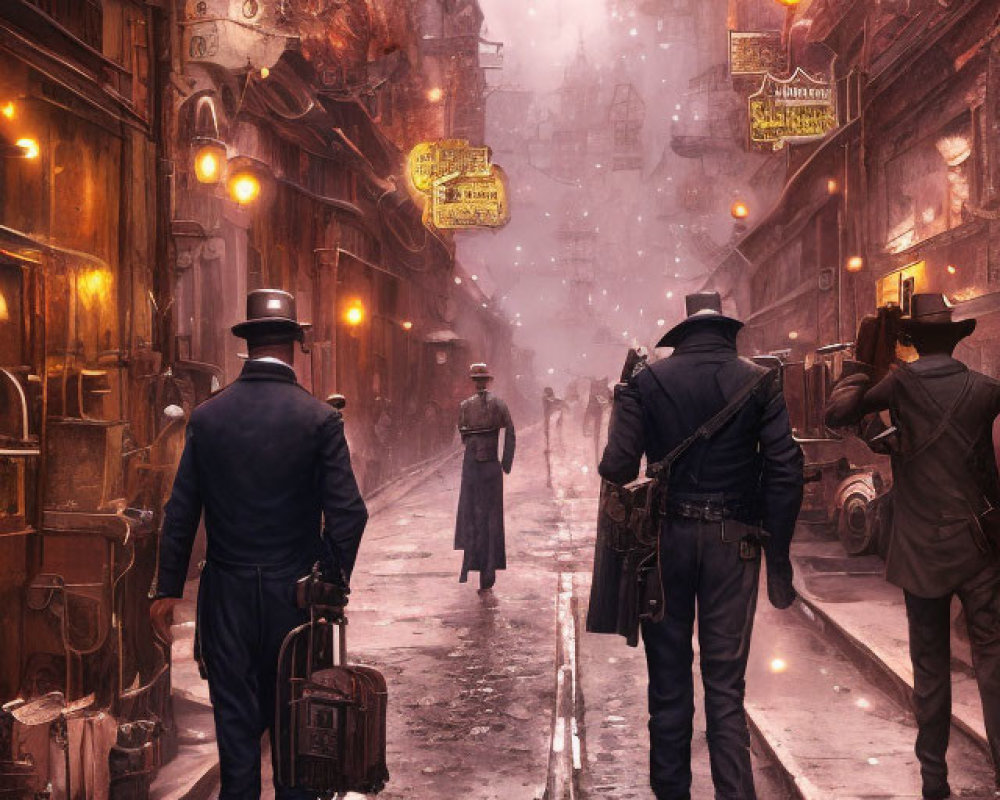 Vintage city alley with fog, sepia tones, old-fashioned attire, and warm lights