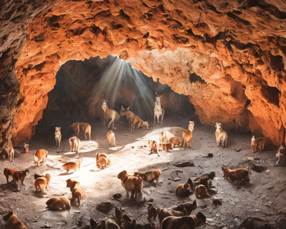 Group of Cats Sunbathing in Spacious Cave