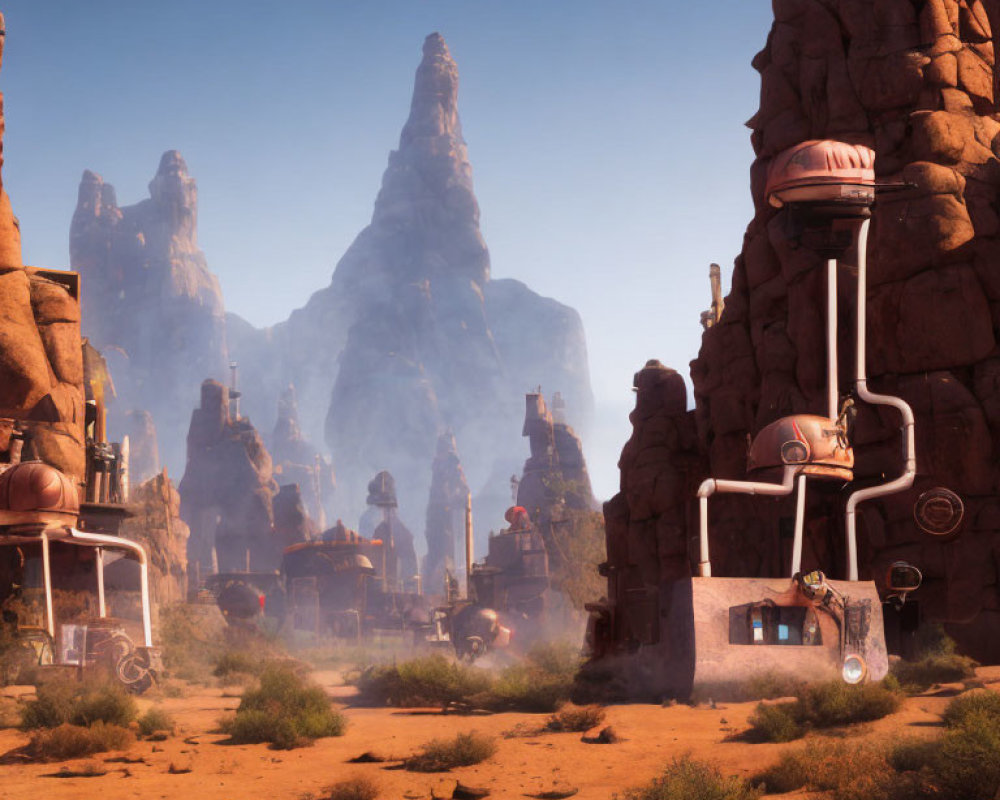 Futuristic desert landscape with towering rock formations