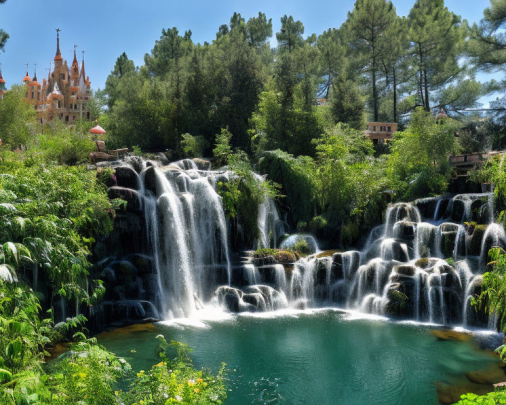 Cascading Waterfall, Fairy Tale Castle, Greenery, Blue Sky