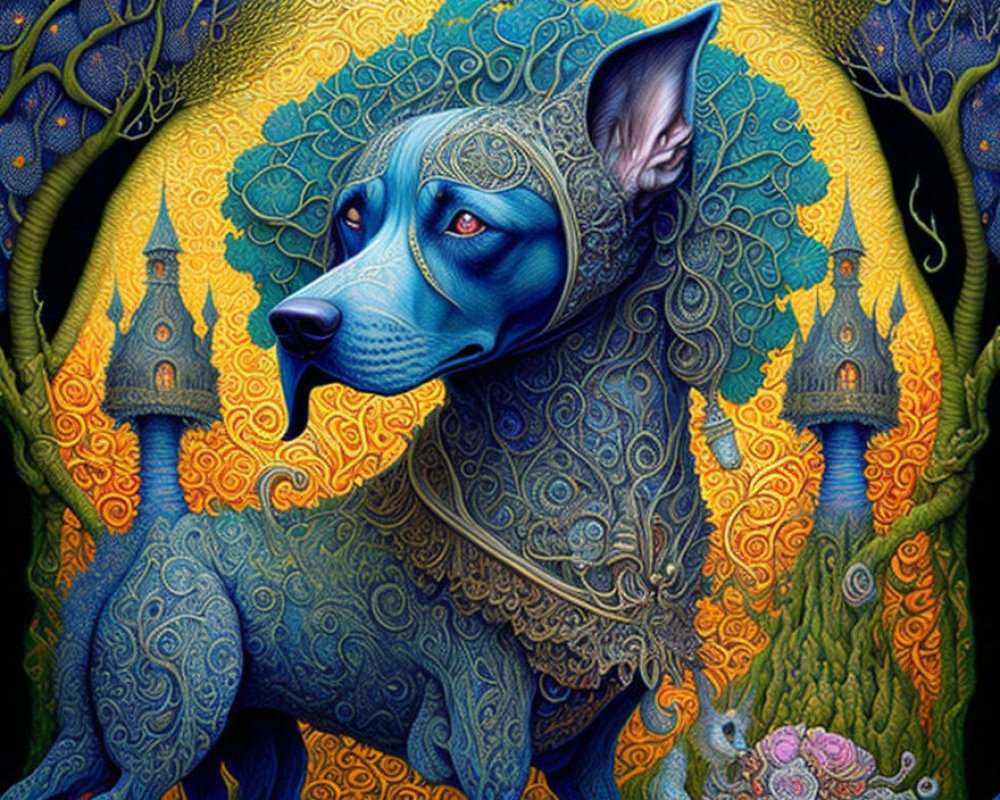 Colorful Illustration of Blue Dog with Intricate Patterns on Body Against Castle and Floral Backdrop