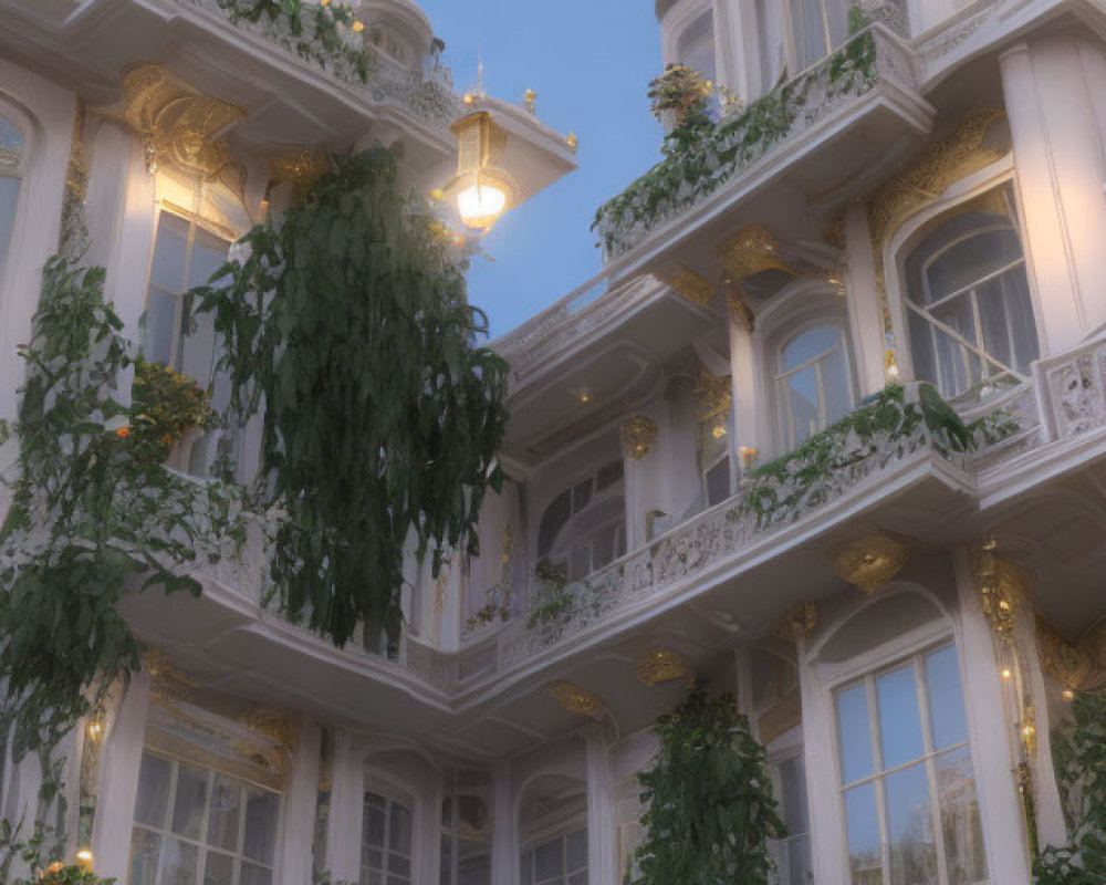 Ornate white building with balconies, green plants, and soft twilight lighting