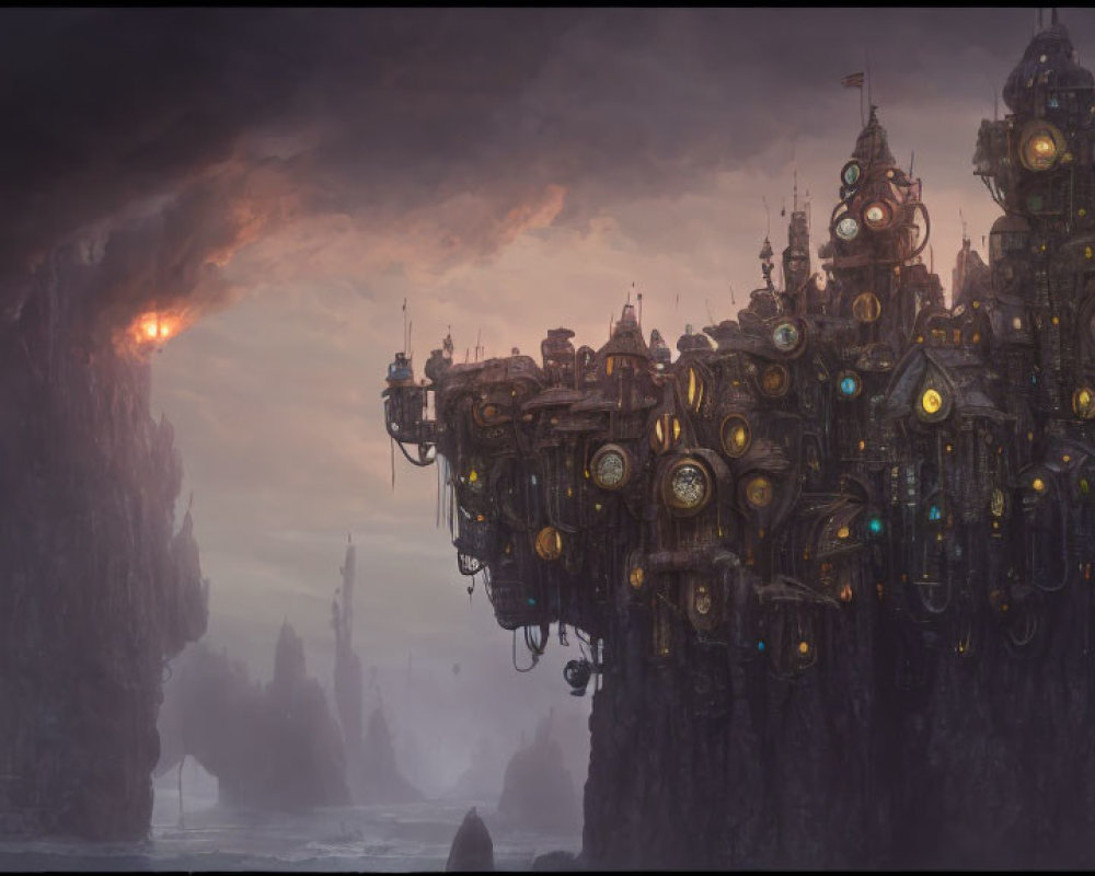 Steampunk city floating in misty landscape