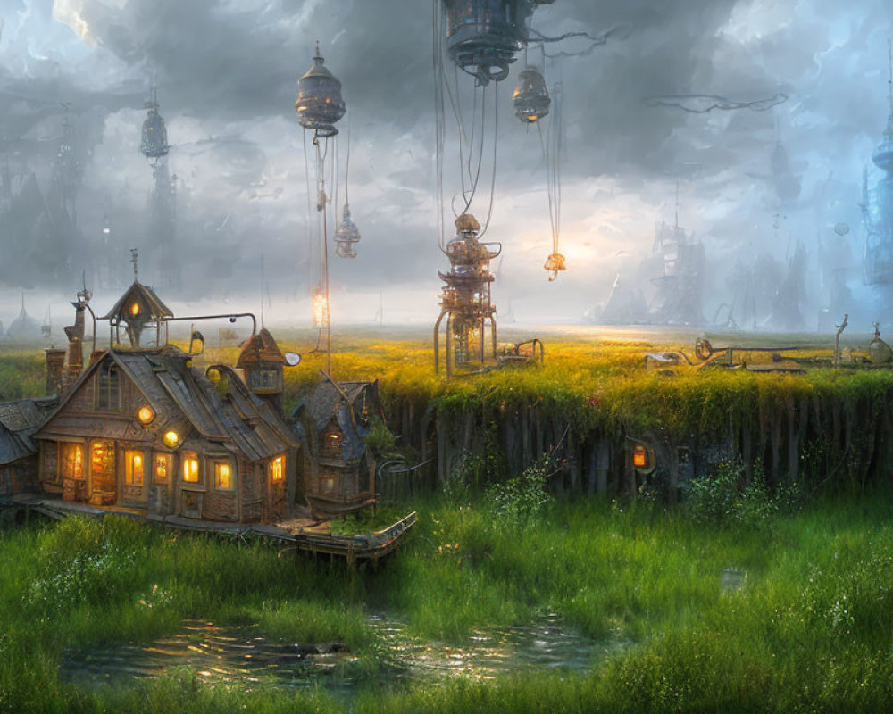 Cozy cottage in lush field with floating structures under cloudy sky