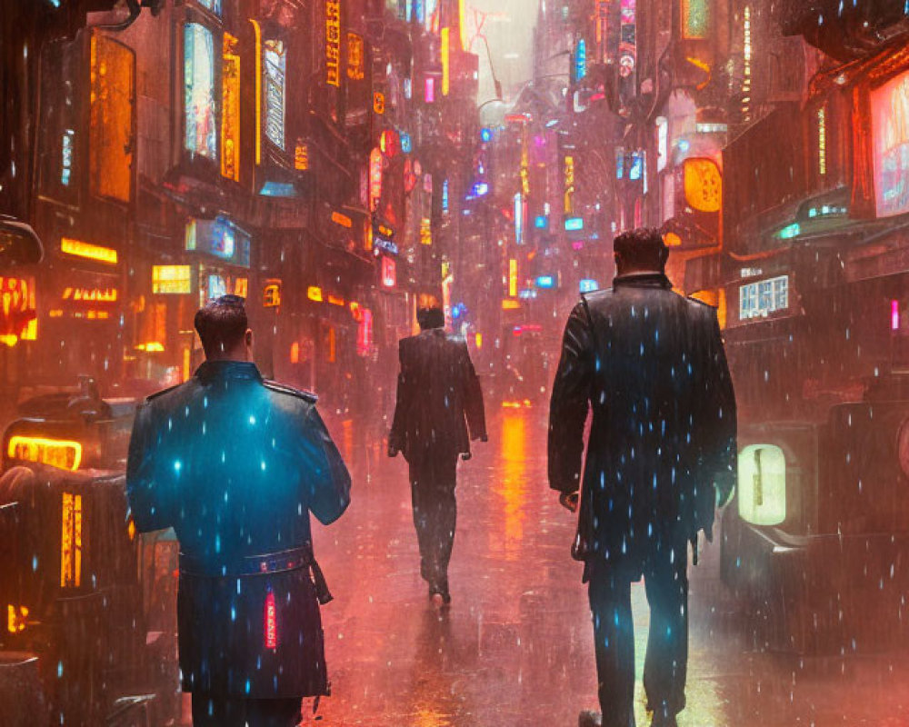 Urban night scene with three people walking in rain-soaked street