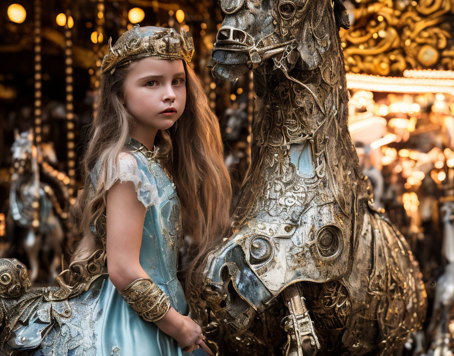 Young girl in regal blue dress beside ornate carousel horse