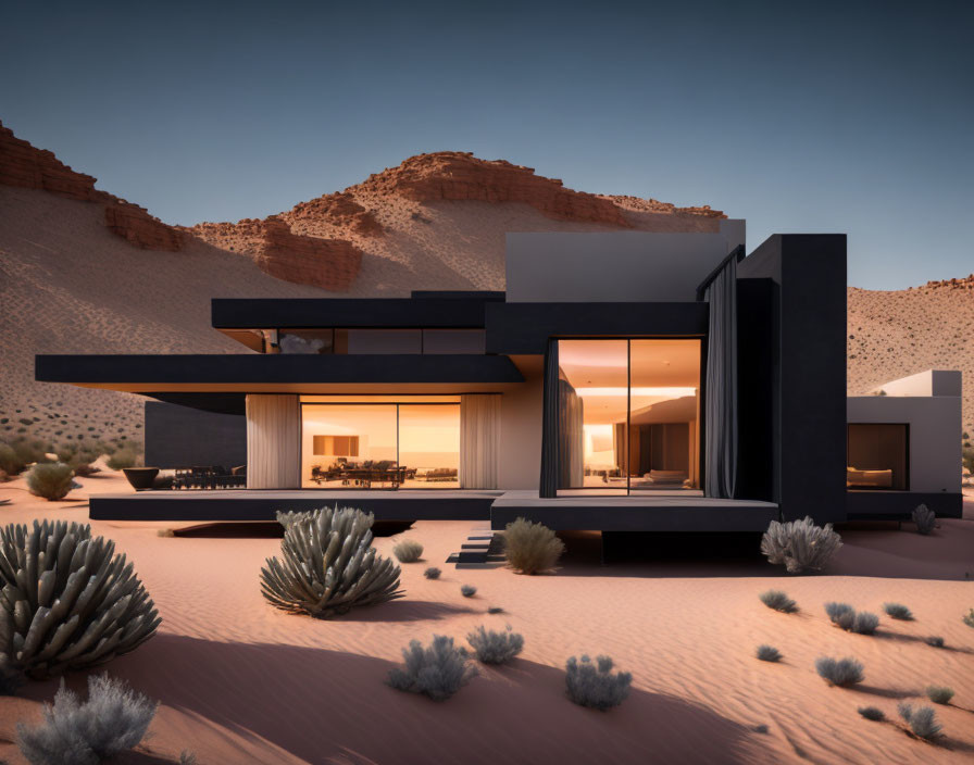 Modern House with Large Windows in Desert Landscape at Dusk