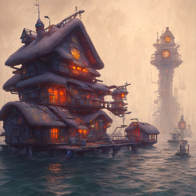 Fantasy-style multi-storied house on water at dusk with glowing windows