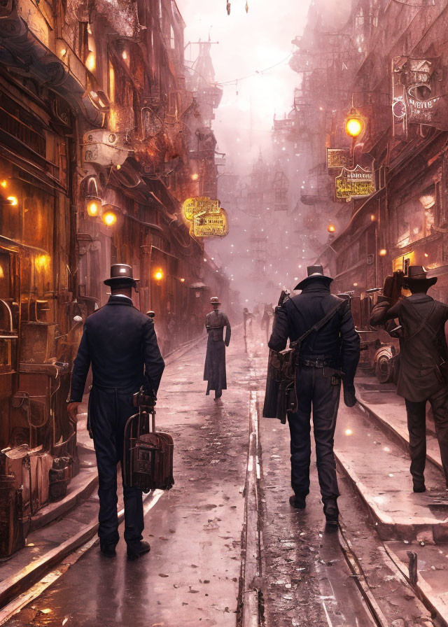 Vintage city alley with fog, sepia tones, old-fashioned attire, and warm lights