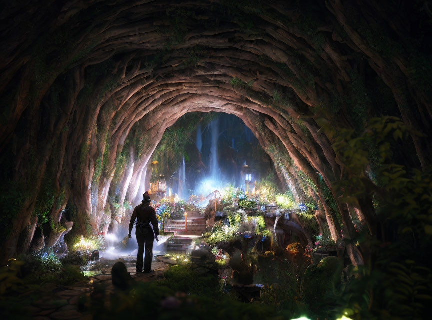 Enchanted cave garden with lush plants and twinkling lights