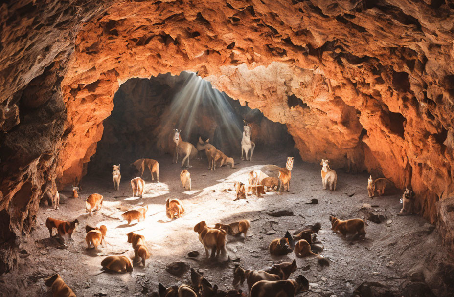 Group of Cats Sunbathing in Spacious Cave