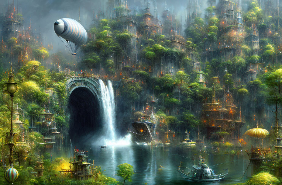 Fantastical cityscape with lush greenery, waterfalls, futuristic buildings, blimp, and