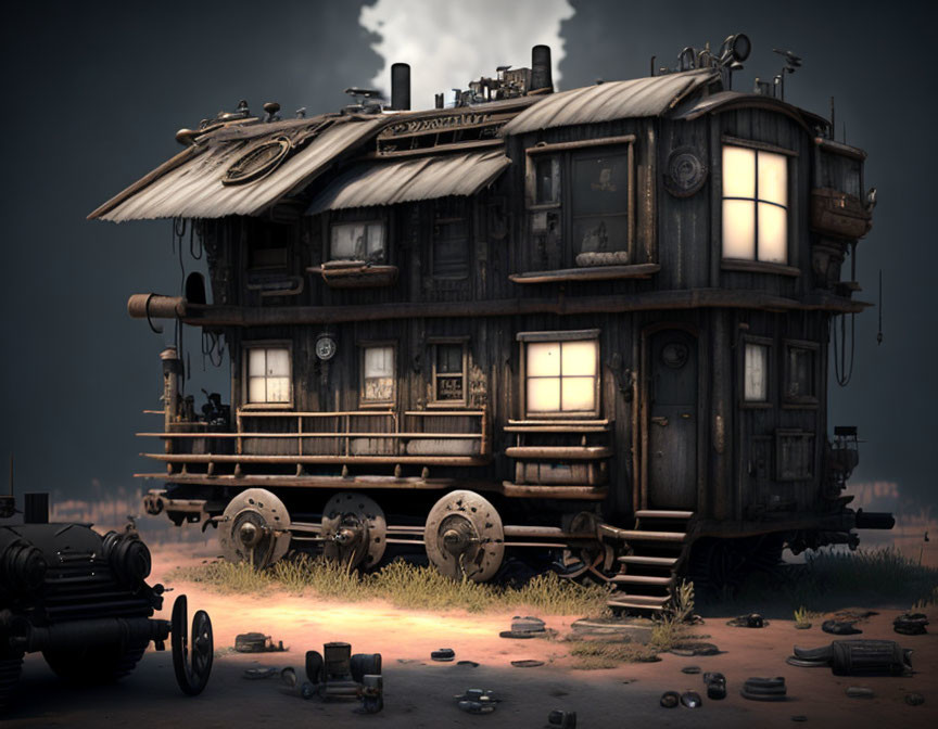 Fictional Rustic Two-Story House on Caterpillar Tracks