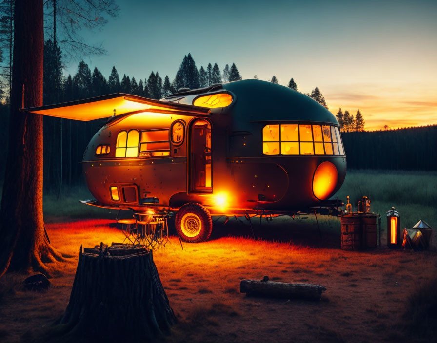 Retro-futuristic trailer in serene forest clearing at twilight