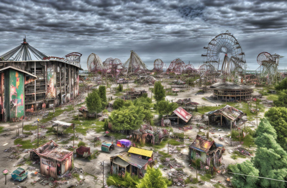 Abandoned amusement park with rusted rides in overgrown landscape