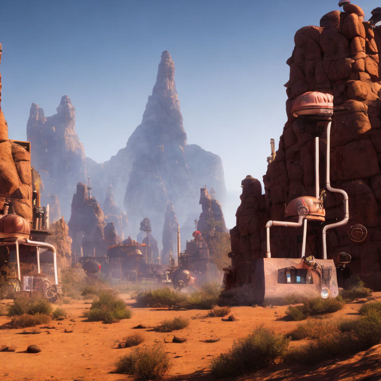 Futuristic desert landscape with towering rock formations