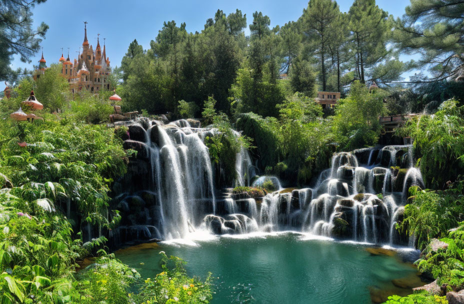 Cascading Waterfall, Fairy Tale Castle, Greenery, Blue Sky